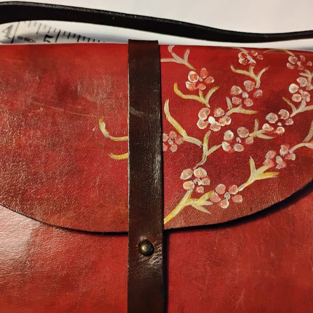 Vintage Style Hand Painted Leather Shoulder Bag Floral Brown Purse - Picture 3 of 7